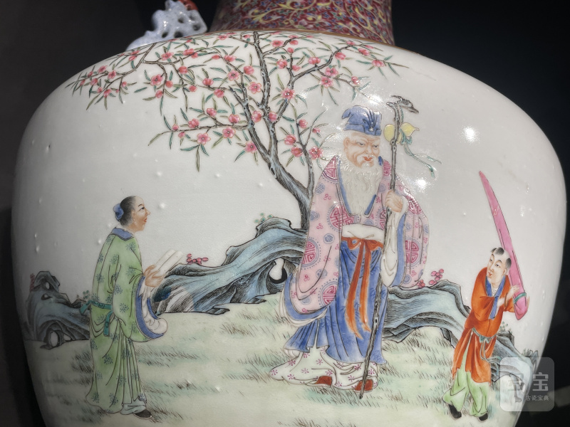 清光绪 洋彩宝相花桃村夜宴图双龙耳大尊 - 图8